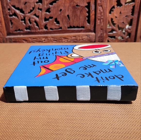 Susan Kline Original Painting With Sock Monkey, Flying Monkey, 6 in x 6 in - Picture 4 of 10